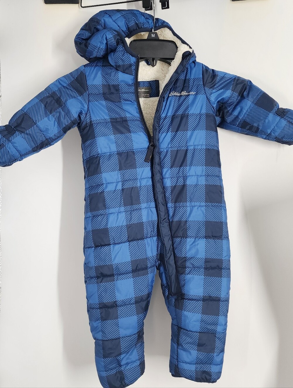 Eddie Bauer Size 6-9 MO Snow suit Fleece Linee Blue Plaid Hooded